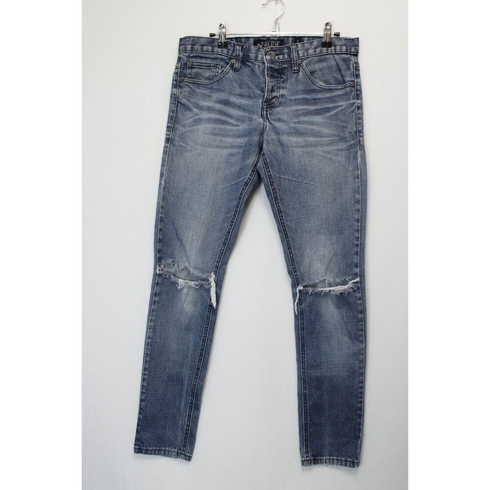 XXX Rude Button Fly Skinny Jeans Men 30 / 34 Distressed Ripped Blue Denim